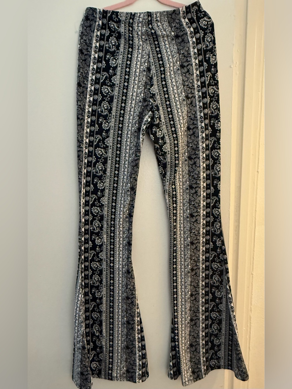 Bear Dance Black & White Vertical Stripe Floral Flare Pants